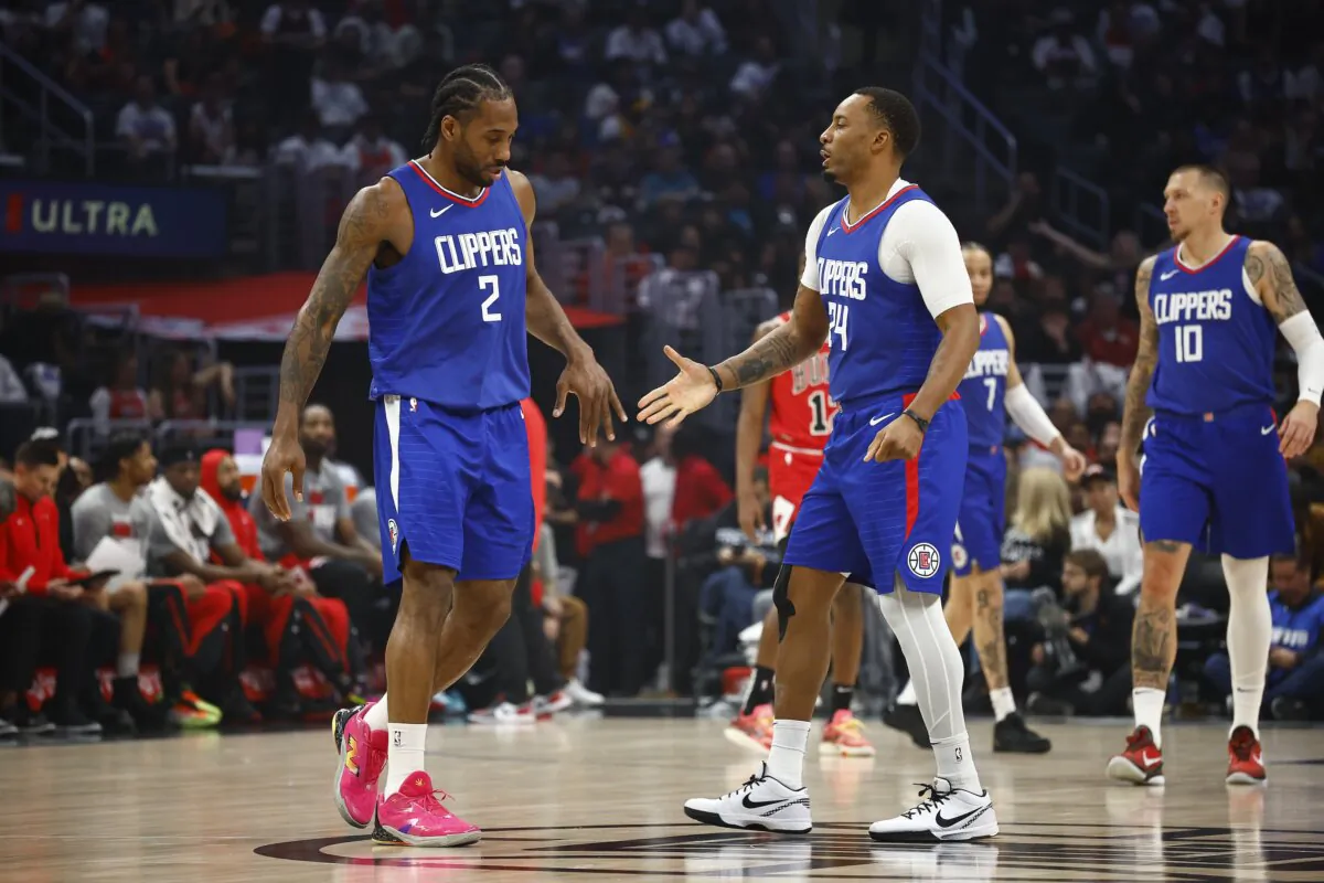 Kawhi Leonard (2) of the LA Clippers and Norman Powell (24) of the LA Clippers in the first half in Los Angeles on March 9, 2024. (Ronald Martinez/Getty Images)