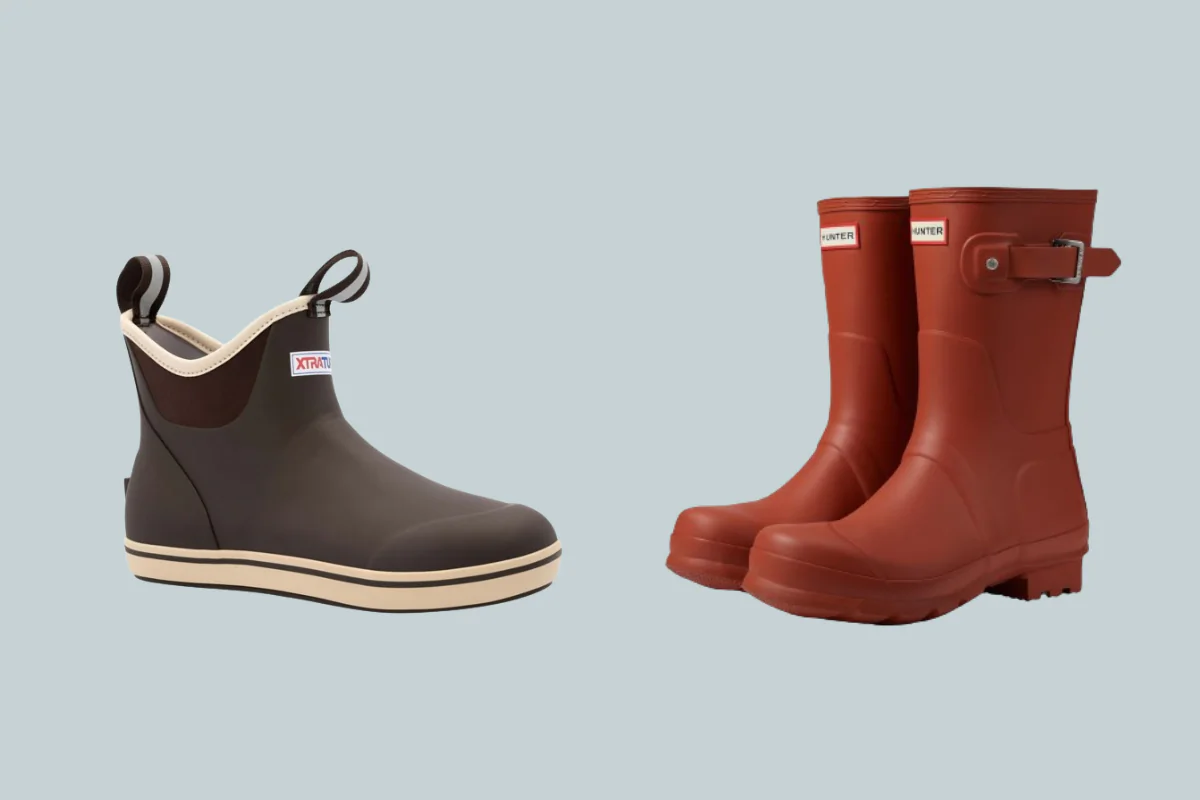 (Left) Xtratuf Women’s 6-Inch Ankle Deck Boots (Right) Hunter Men's Original Short Rain Boot  (Illustration by The Epoch Times, Amazon)