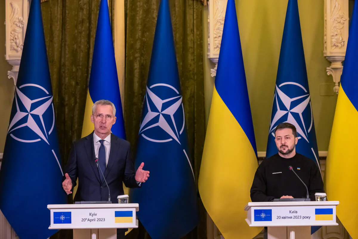 Secretary General of NATO Jens Stoltenberg (L) gestures next to Ukrainian President Volodymyr Zelenskyy during a joint press conference in Kyiv, Ukraine, on April 20, 2023. (Roman Pilipey /Getty Images)