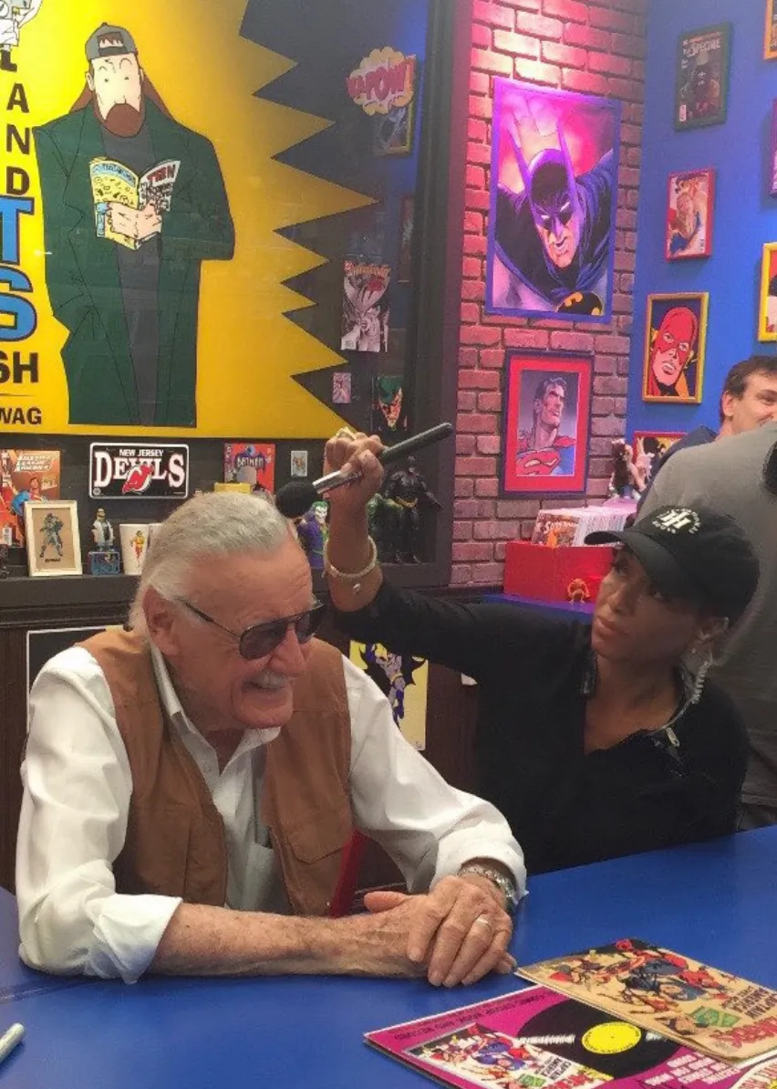 Make up artist Kymberlee Thornton on the set of "Comic Book Men" with the late Spider-Man co-creator Stan Lee. (Photo by Matt Venezio; owned by Kymberlee Thornton)