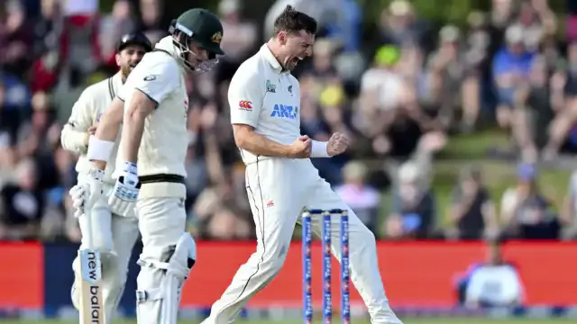 Matt Henry took the huge wicket of Steve Smith denting the Australians push for victory.  Photo Getty Images 