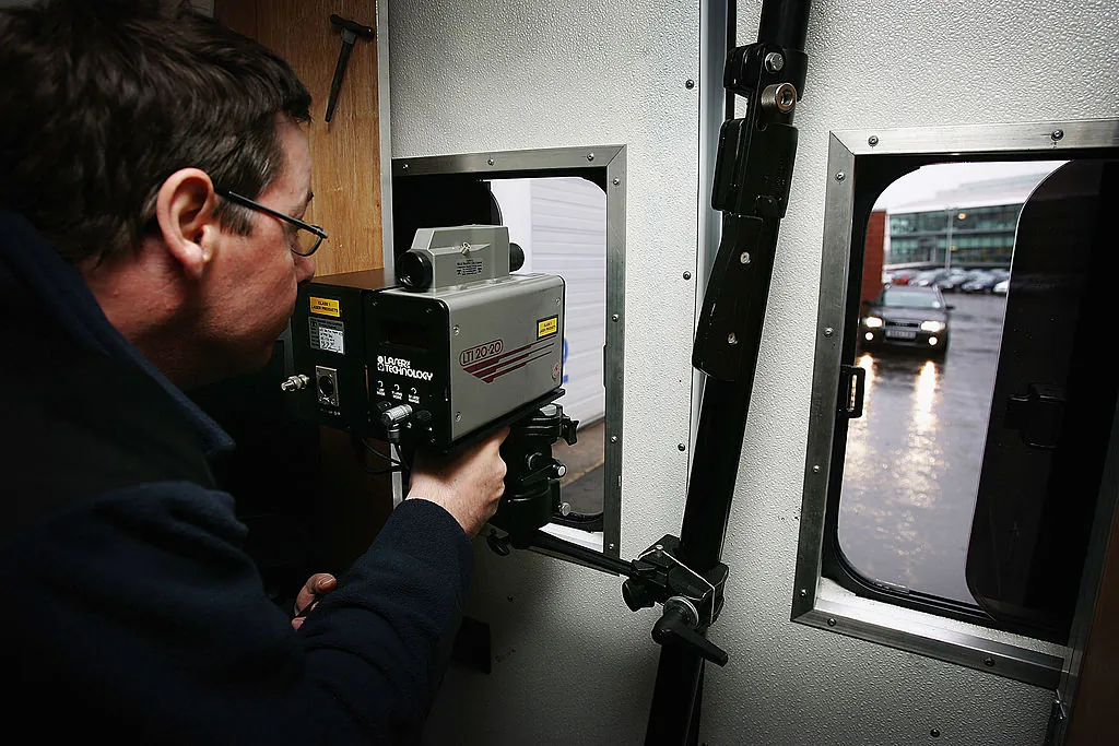 A mobile laser guided safety camera used to capture speeding drivers is pictured at the headquarters of Strathclyde Safety Camera Partnership in Glasgow, Scotland, March 15, 2005. (Christopher Furlong/Getty Images)