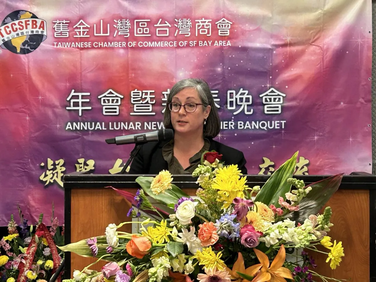 AIT Managing Director Ingrid Larson gives a speech at the annual Chinese New Year dinner banquet hosted by the Taiwanese Chamber of Commerce in the San Francisco Bay Area, Calif., on March 9, 2024. (Nathan Su/The Epoch Times)