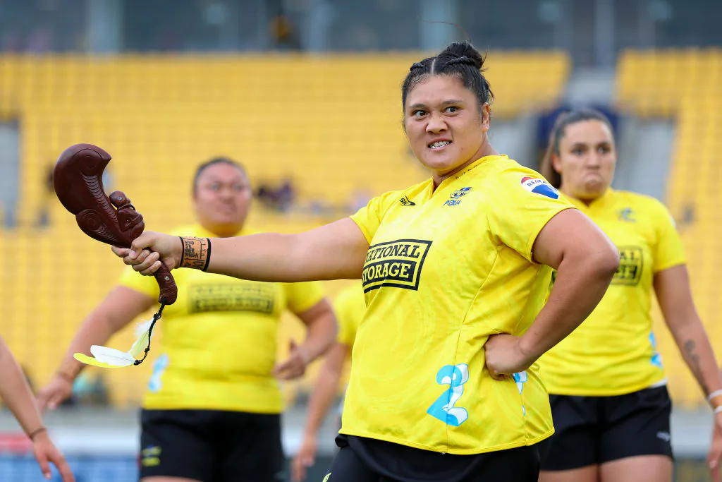 Leilani Perese of the Hurricanes Poua leads a haka during the round two Super Rugby Aupiki match between Hurricanes Poua and Matatu at Sky Stadium in Wellington, New Zealand on March 9, 2024. (Hagen Hopkins/Getty Images)