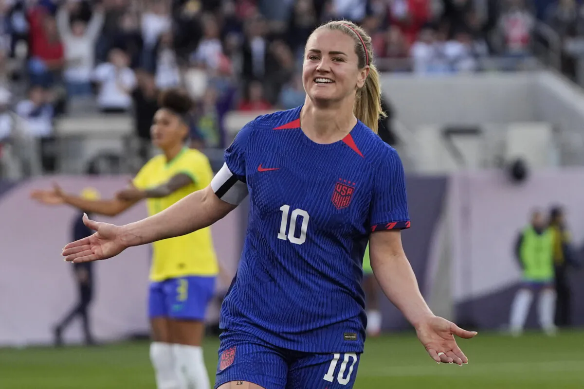 United States' Lindsey Horan (10) celebrates after scoring a goal during the first half of the CONCACAF Gold Cup women's soccer tournament final match against Brazil, in San Diego on March 10, 2024. (Gregory Bull/AP Photo)