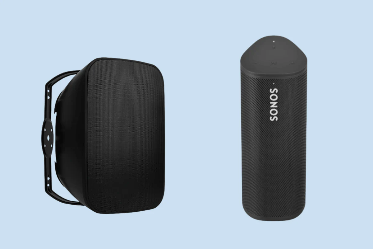 (Left) Dayton Audio Outdoor Speakers (Right) Sonos Roam Outdoor Speakers (Illustration by The Epoch Times, mazon)