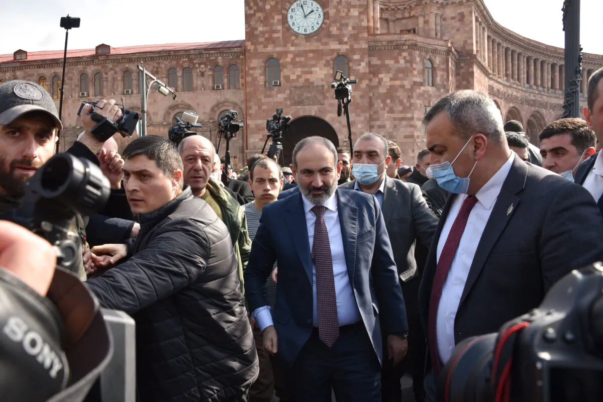 Armenian Prime Minister Nikol Pashinyan meets with his supporters gathered on Republic Square in downtown Yerevan on Feb. 25, 2021. (Karen Minassyan/AFP via Getty Images)