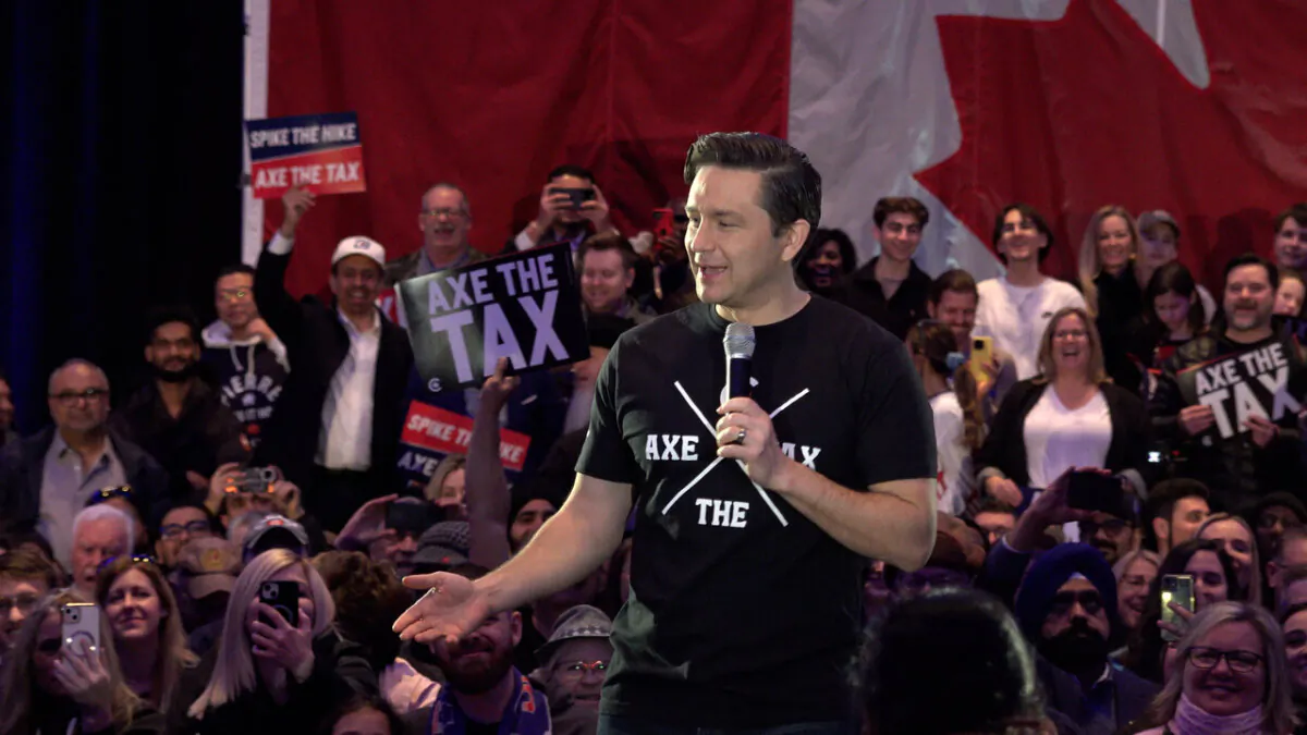 Conservative Leader Pierre Poilievre speaks to supporters at the Toronto Congress Centre on March 10, 2024. (Hassan Atyabi/The Epoch Times)