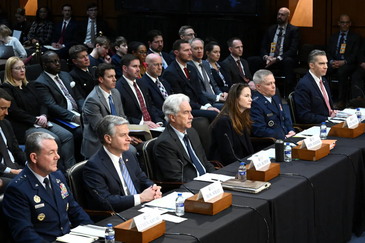 (L–R) Director of the Defense Intelligence Agency Lieutenant General Jeffrey Krus, FBI Director Christopher Wray, CIA Director William Burns, Director of National Intelligence Avril Haines, U.S. Air Force Lieutenant General Timothy Haugh, and Assistant Secretary of State for Intelligence and Research Brett Holmgren testify during a Senate Intelligence Committee on worldwide threats, in the Hart Senate Office Building on Capitol Hill in Washington on March 11, 2024. (Mandel Ngan/AFP via Getty Images)