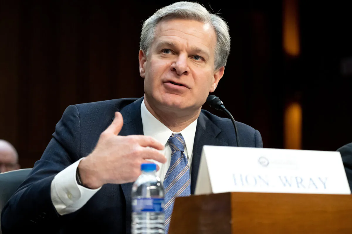 FBI Director Christopher Wray testifies during a Senate Select Committee on Intelligence on the "Annual Worldwide Threats Assessment" in the Hart Senate Office Building on Capitol Hill in Washington on March 11, 2024. (Saul Loeb/AFP via Getty Images)