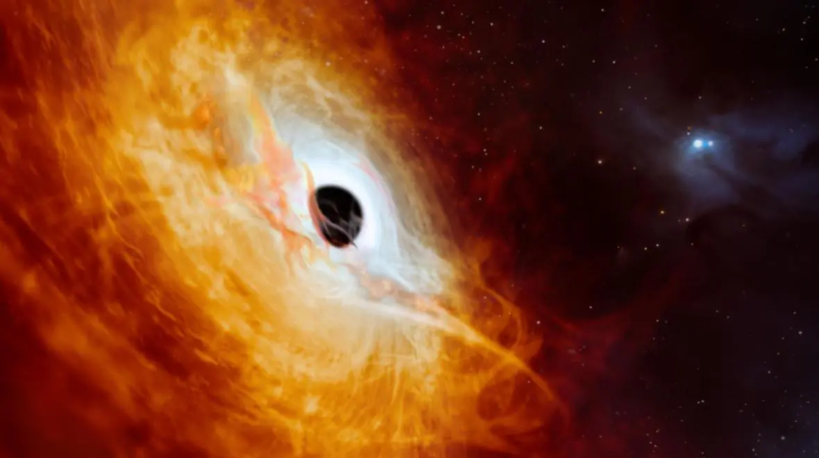 Artist’s impression showing the record-breaking quasar J059-4351. (ESO/M. Kornmesser)