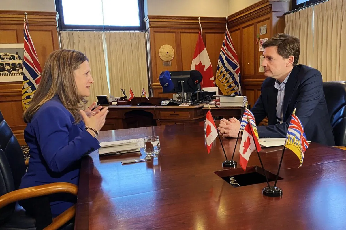 Finance Minister and Deputy Prime Minister Chrystia Freeland meets with B.C. Premier David Eby at the legislature in Victoria on Mar. 11, 2024. (The Canadian Press/Dirk Meissner)
