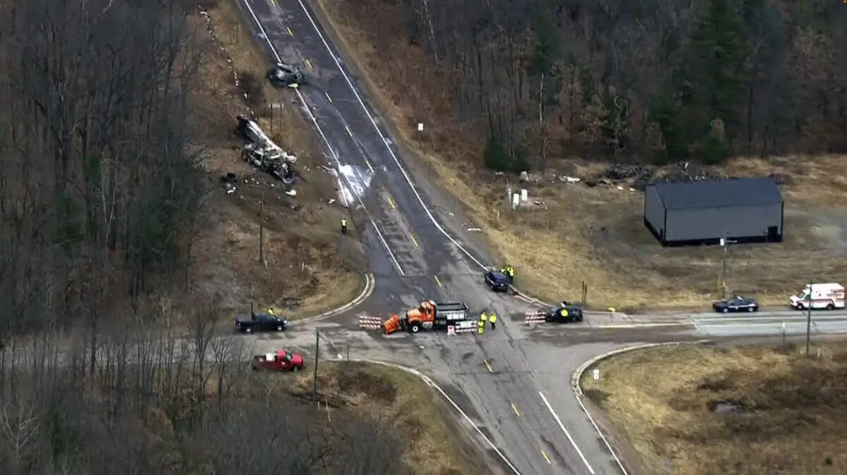 The scene of a fatal crash in Dewhurst, Wis., on March 8, 2024. (KMSP-TV via AP)