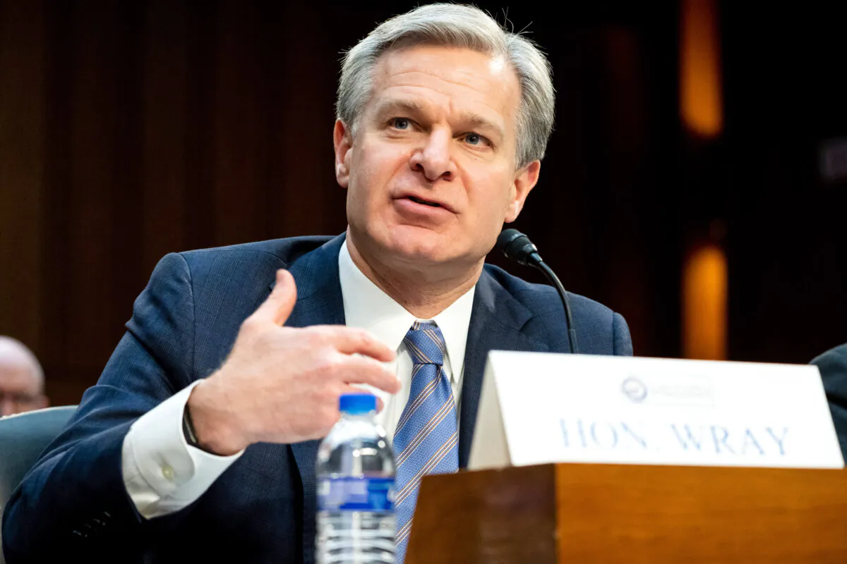 FBI Director Christopher Wray testifies during a Senate Select Committee on Intelligence on the "Annual Worldwide Threats Assessment" in the Hart Senate Office Building on Capitol Hill in Washington on March 11, 2024. (Saul Loeb/AFP via Getty Images)