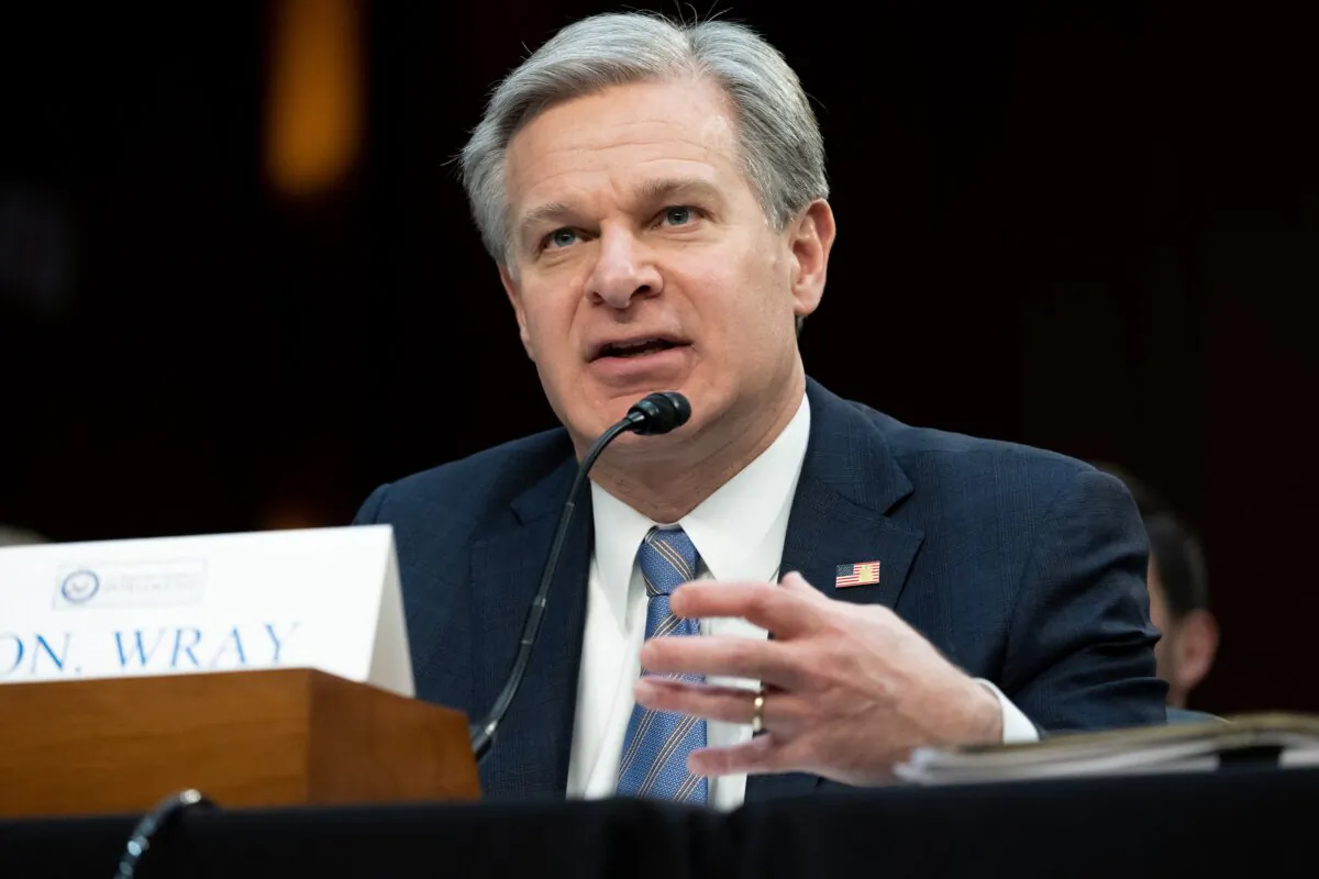 FBI Director Christopher Wray testifies during a Senate Select Committee on Intelligence hearing on the "Annual Worldwide Threats Assessment" in the Hart Senate Office Building on Capitol Hill on March 11, 2024. (Saul Loeb/AFP via Getty Images)
