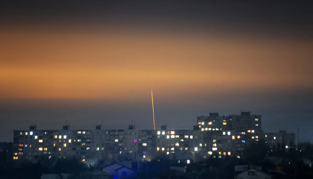 This photograph shows a missile launched from Russia's Belgorod region flying towards Kharkiv, eastern Ukraine, on Jan. 7, 2023. (Vadym Bielikov/AFP via Getty Images)