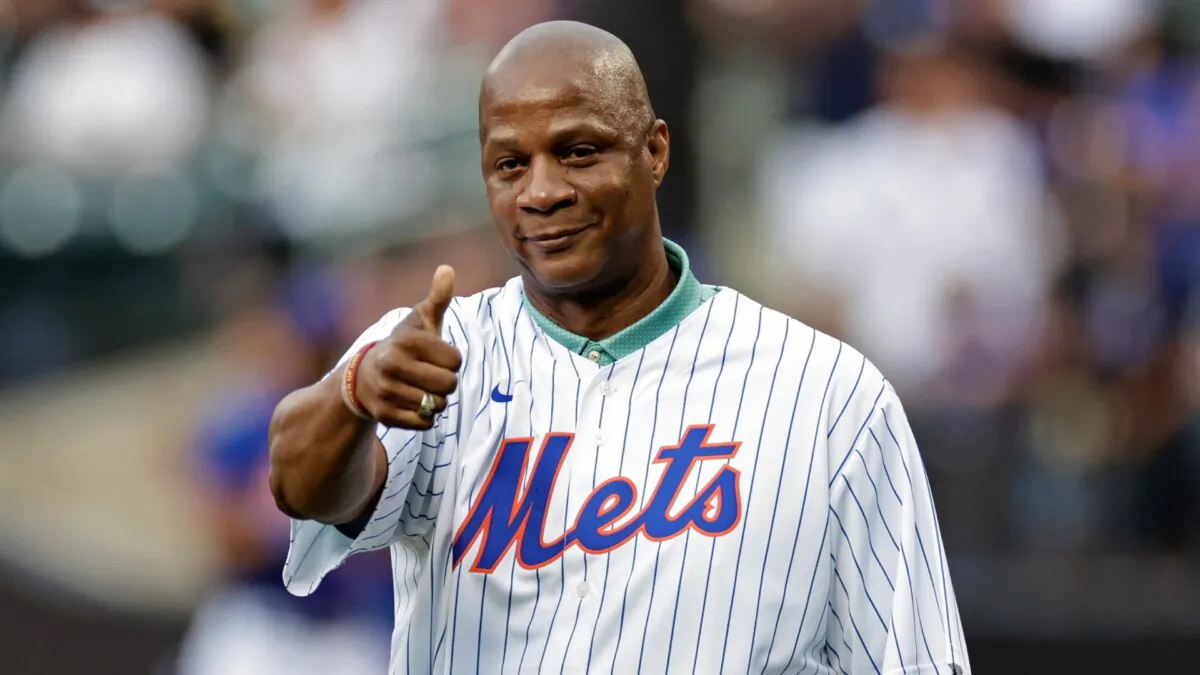 Former New York Met star Darryl Strawberry gestures before throwing out a ceremonial first pitch at Citi Field in New York on July 26, 2022. (Adam Hunger/Getty Images)