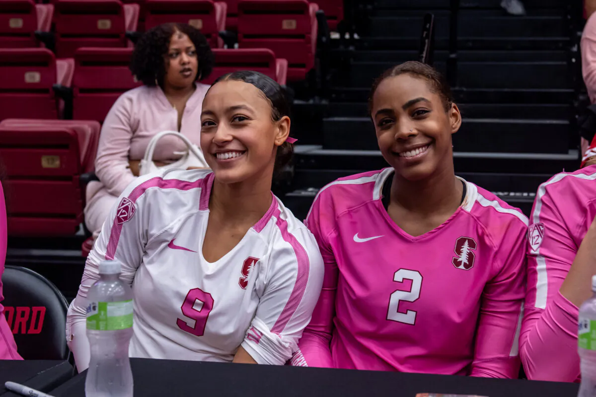 Stanford volleyball players Elena Oglivie and Kami Miner after a game between UCLA and Stanford University at Maples Pavilion on Oct. 15, 2023, in Stanford, California. (Karen Hickey / isiphotos.com)
