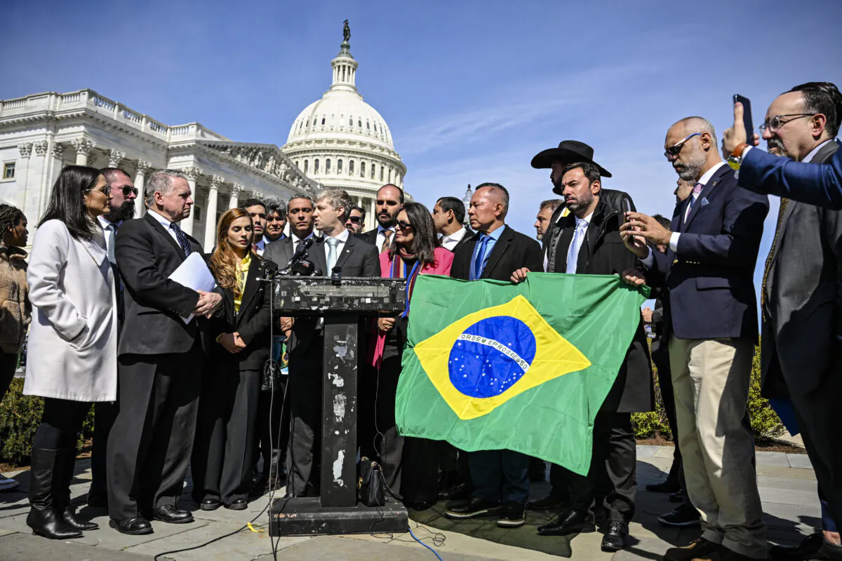 Member of the Brazil Chamber of Deputies Marcel Van Hatten speaks at a news conference on "Brazil: Democracy, Freedom, and Rule of Law Under Attack?" outside of the U.S. Capitol in Washington, D.C., on March 12, 2024. (Mandel Ngan/AFP via Getty Images)