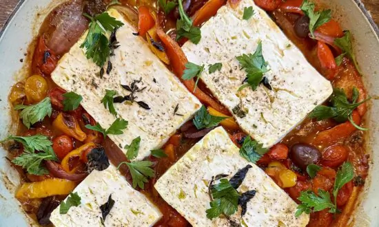 Baked Feta on a Bed of Sweet, Jammy Veggies