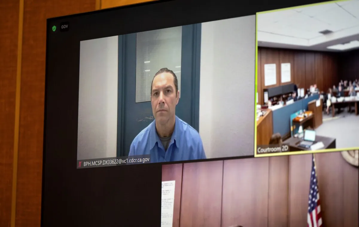 Scott Peterson appears via video call for a status hearing at San Mateo County Superior Court in Redwood City, Calif., on March 12, 2024. (Andy Alfaro/Pool/The Modesto Bee via AP)
