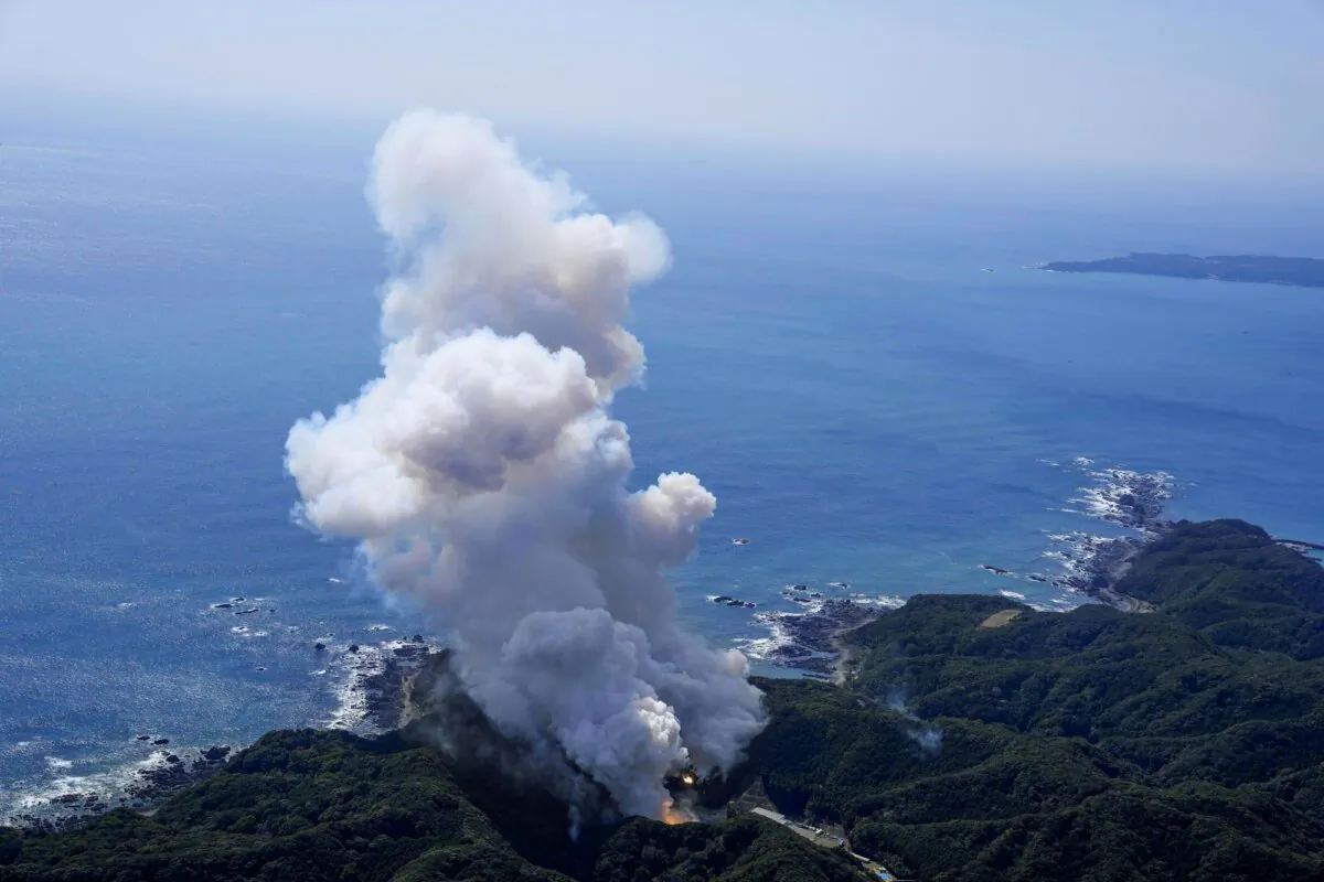 Space One's Kairos rocket explodes after liftoff from a launch pad in Kushimoto, Wakayama prefecture, western Japan, on March 13, 2024. (Kyodo News via AP)
