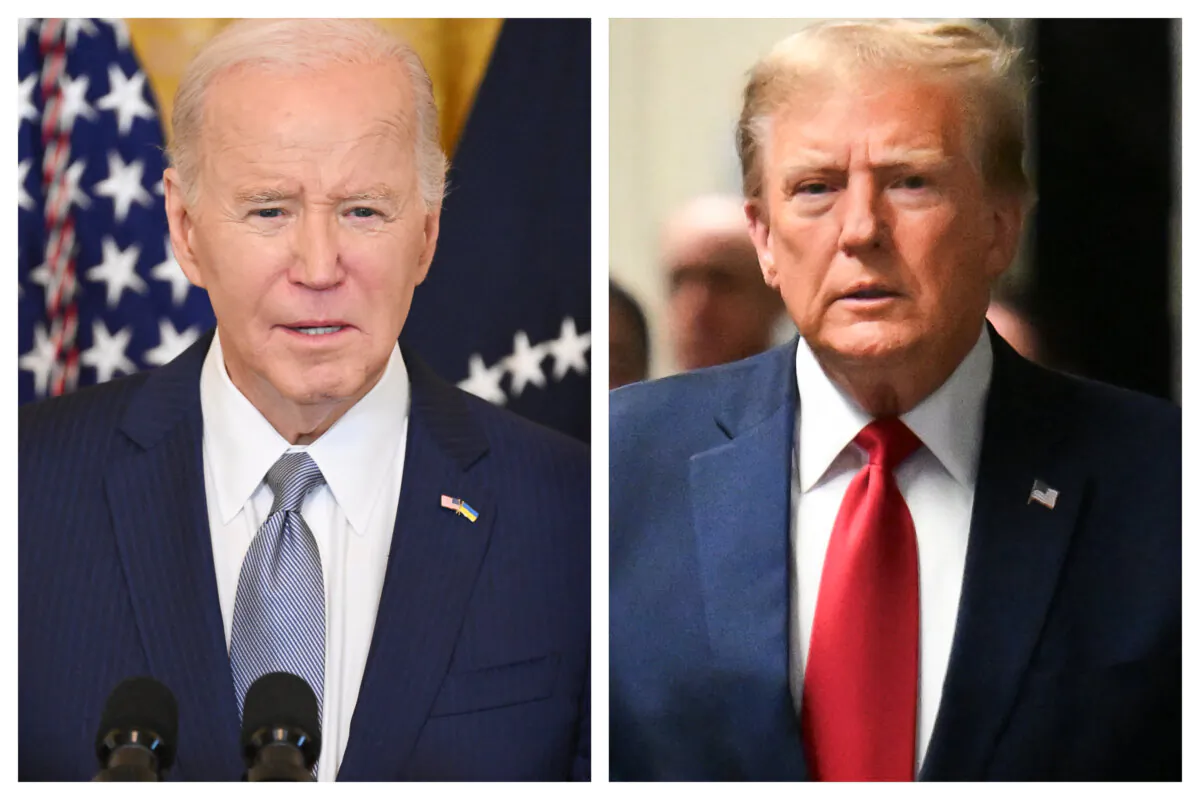 (Left) President Joe Biden speaks in the East Room of the White House in Washington, D.C., on Feb. 23, 2024. (Right) Former President Donald Trump arrives at a Manhattan Court in New York City on Feb. 15, 2024. (Saul Loeb/AFP via Getty Images; Angela Weiss/AFP via Getty Images)