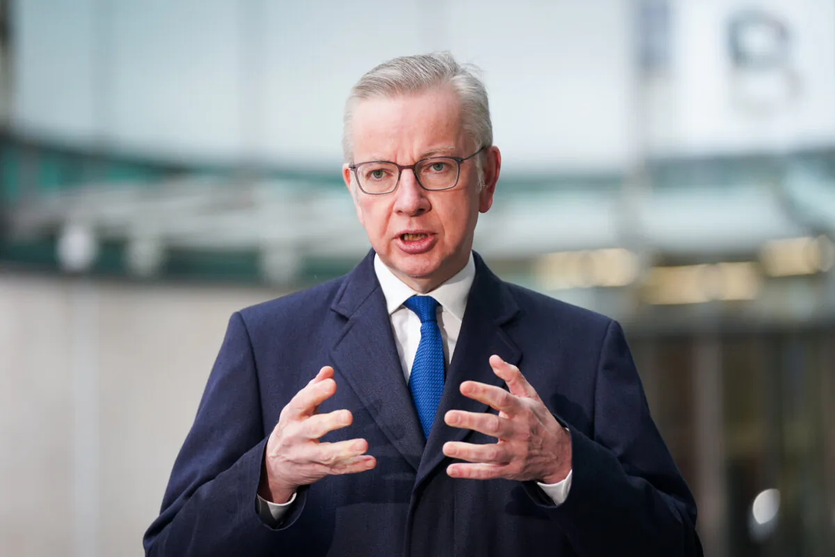 Secretary of State for Levelling Up, Housing and Communities, Michael Gove, speaks outside BBC Broadcasting House in London on Feb. 11, 2024. (Lucy North/PA Wire)