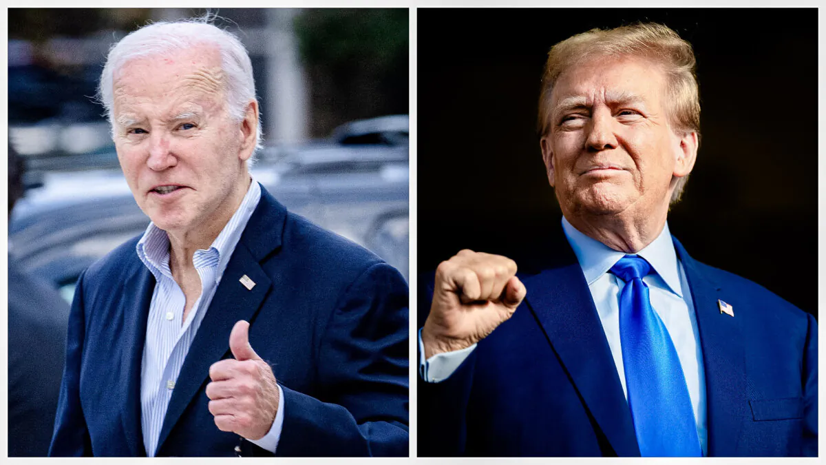 (Left) President Joe Biden gives a thumbs up as he leaves St. Edmond Roman Catholic Church in Rehoboth Beach, Del., on Nov. 4, 2023.
(Right) Former President Donald Trump looks on during a campaign rally at Trendsetter Engineering Inc. in Houston, Texas, on Nov. 2, 2023. (Brendan Smialowski/AFP via Getty Images; Brandon Bell/Getty Images)