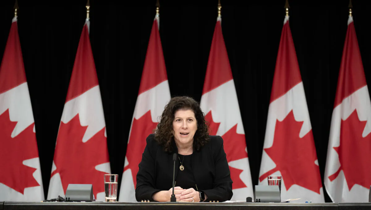 Auditor general Karen Hogan speaks about the ArriveCAN app during a news conference, in Ottawa 
on Feb.12, 2024 .  (The Canadian Press/Adrian Wyld)