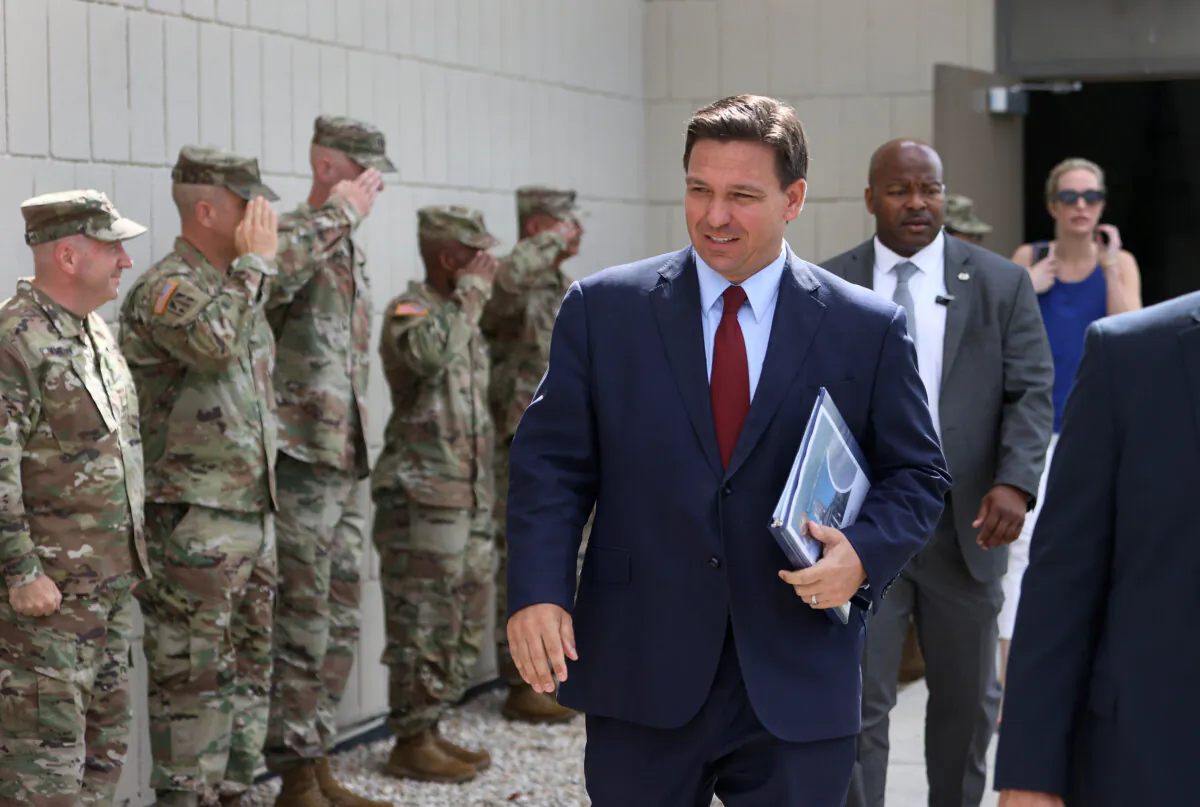 Florida Gov. Ron DeSantis arrives for a bill signing ceremony at the Florida National Guard Robert A. Ballard Armory in Miami on June 7, 2021. (Joe Raedle/Getty Images)