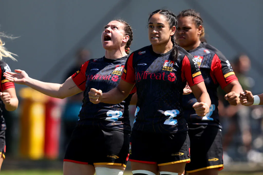 Chiefs Manawa haka during the round two Super Rugby Aupiki match between Blues and Chiefs Manawa at Bell Park in Auckland, New Zealand, on March 9, 2024. (Phil Walter/Getty Images)