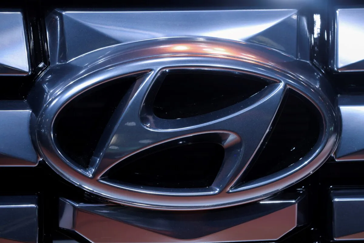 The logo of Hyundai Motor Company at the New York International Auto Show in Manhattan, New York, on April 13, 2022. (Andrew Kelly/Reuters)