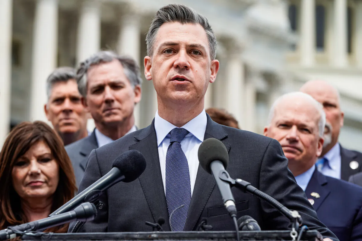 Rep. Jim Banks (R-Ind.) speaks to the media with members of the Republican Study Committee about Iran in Washington on April 21, 2021. (Joshua Roberts/Getty Images)