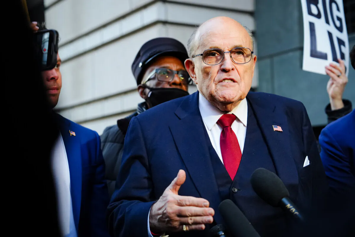 Rudy Giuliani, a former lawyer for former President Donald Trump, leaves the E. Barrett Prettyman U.S. District Courthouse after jury deliberation in Washington on Dec. 15, 2023. (Madalina Vasiliu/The Epoch Times)