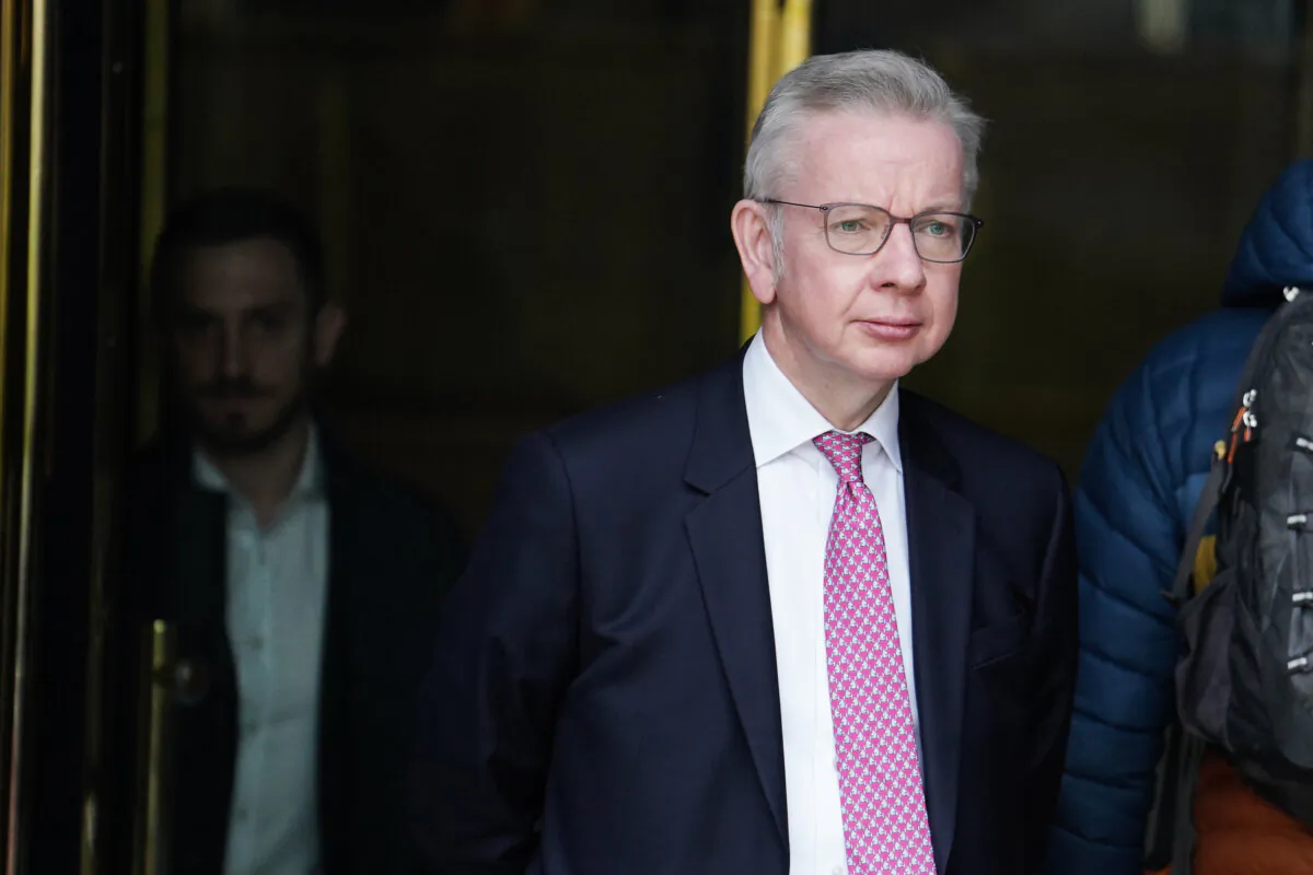 Minister for Levelling Up, Housing and Communities Michael Gove leaves Millbank Studios in central London after taking part in the morning interview rounds on March 14, 2024. (Jordan Pettitt/PA Wire)