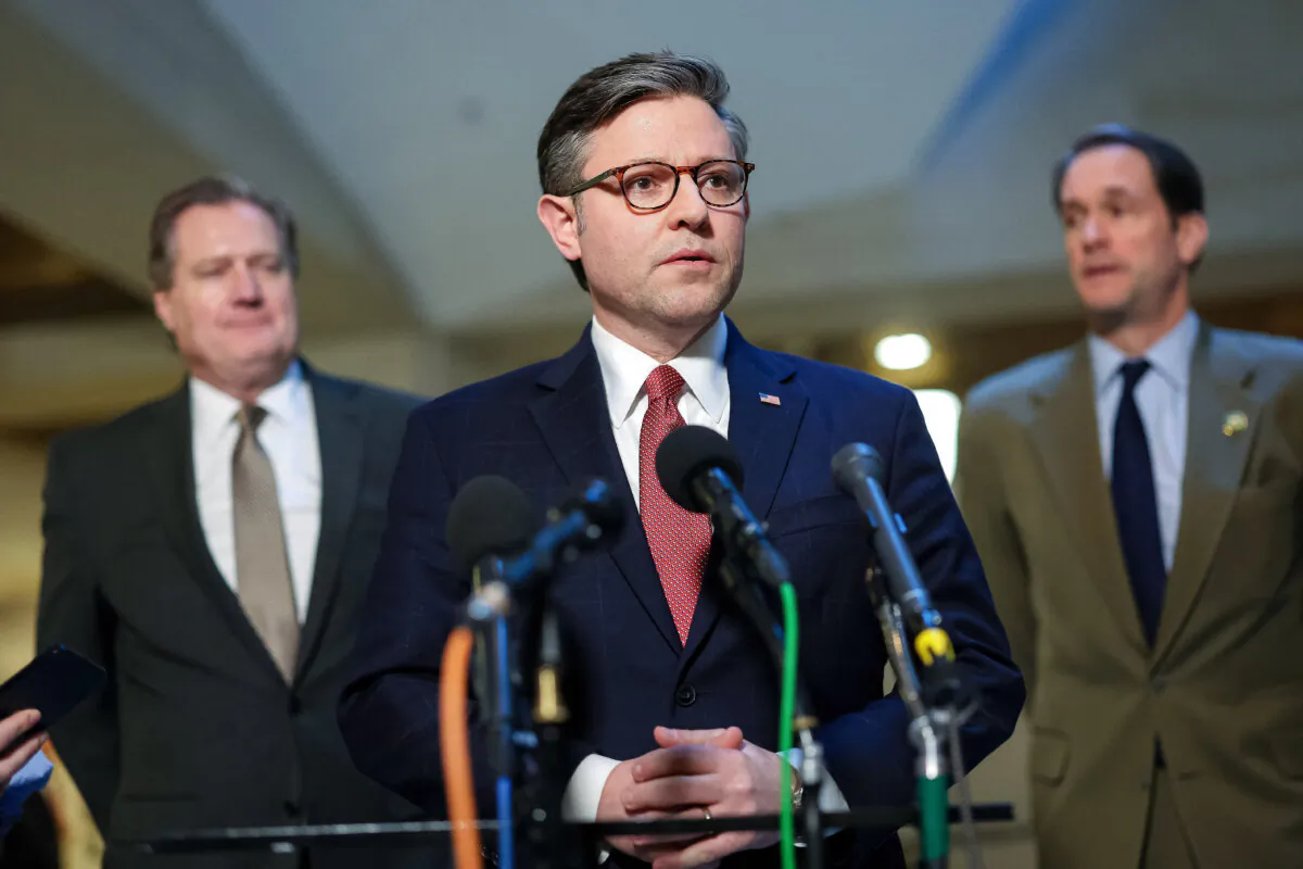 Speaker of the House Mike Johnson (R-La.) (C), joined by House Intelligence Chairman Rep. Mike Turner (R-Ohio) (L) and House Intelligence Ranking Member Jim Himes (D-Conn.) speak following a briefing with National Security Advisor Jake Sullivan at the U.S. Capitol in Washington, D.C., on Feb. 15, 2024. (Kevin Dietsch/Getty Images)