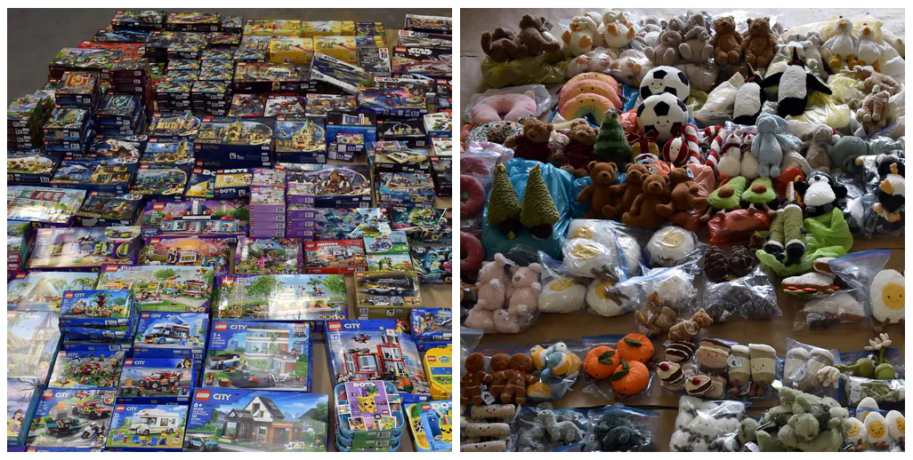 A composite image, made from two police handout images, show sets of Lego (L) and Jellycat toys. (The Canadian Press/HO-RCMP)