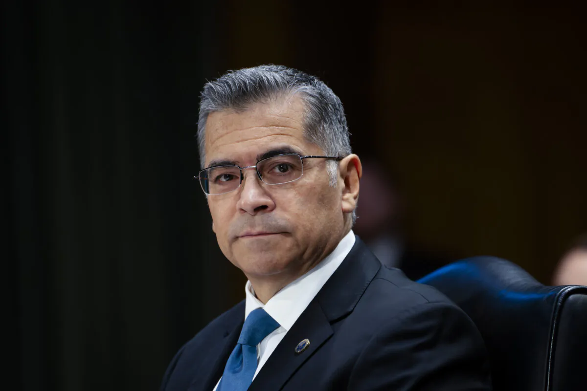 Health and Human Services Secretary Xavier Becerra testifies before the Senate Appropriations Committee in Washington on Nov. 8, 2023. (Madalina Vasiliu/The Epoch Times)