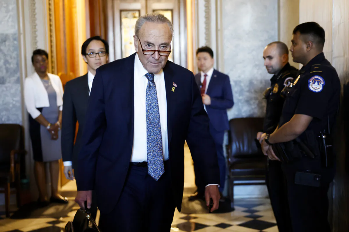 Senate Majority Leader Chuck Schumer (D-N.Y.) departs from the Senate Chambers in the U.S. Capitol Building in Washington on March 14, 2024. (Anna Moneymaker/Getty Images)