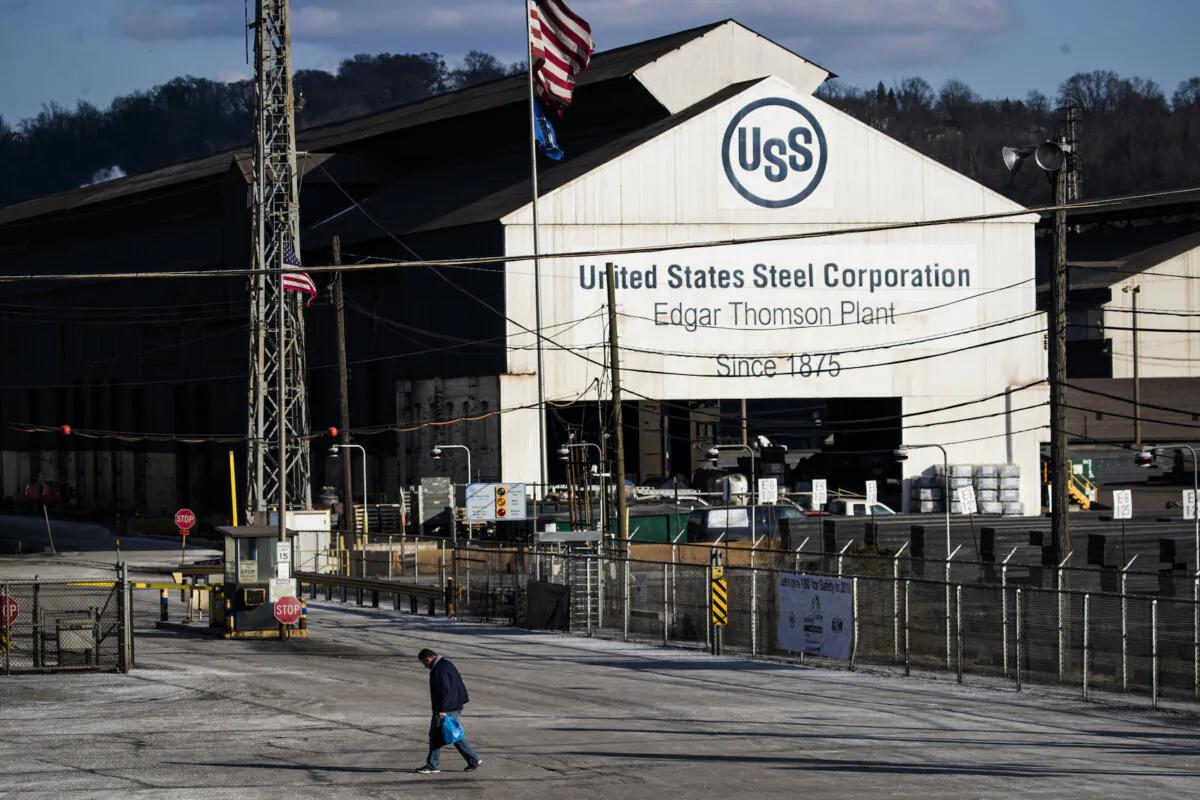 A worker leaves U.S. Steel Edgar Thomson Steel Works in Braddock, Pa., on March 10, 2018. (Drew Angerer/Getty Images)