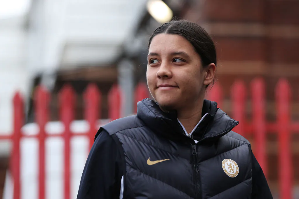Sam Kerr of Chelsea arrives prior to the Barclays Women´s Super League match between Bristol City and Chelsea FC  at Ashton Gate Stadium in Bristol, England, on Dec. 17, 2023. (Ryan Hiscott/Getty Images)