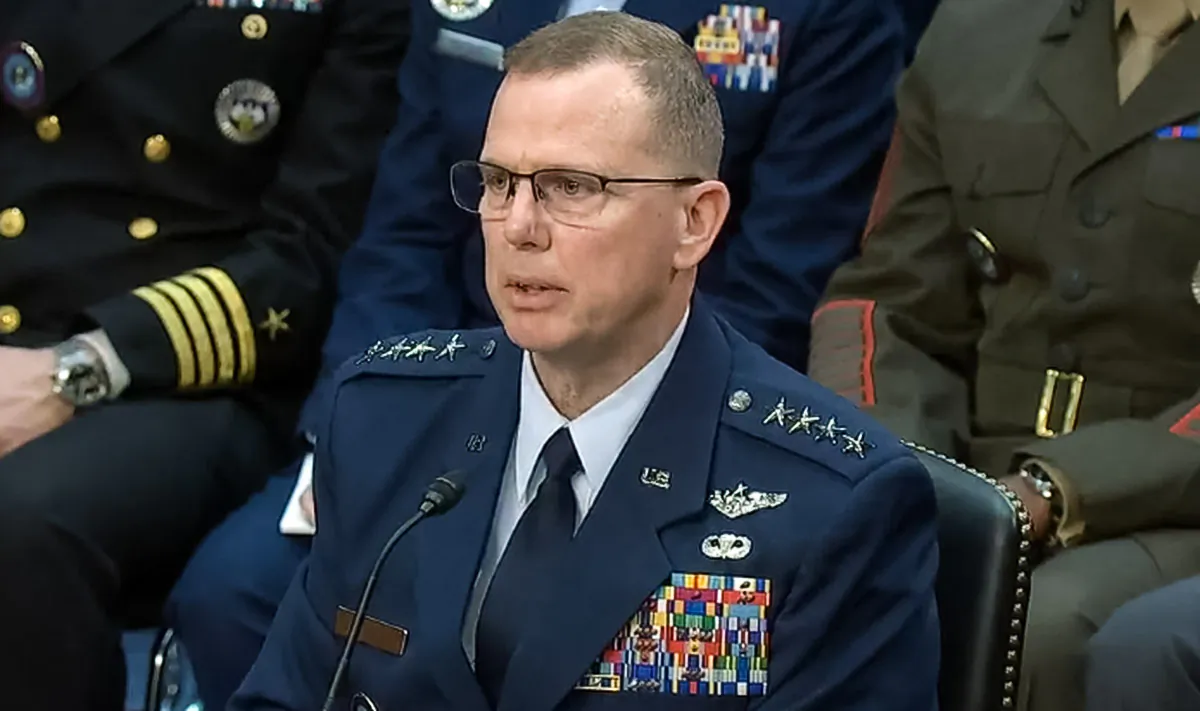 Air Force Gen. Gregory M. Guillot testifies to the U.S. Senate in Washington on March 14, 2024. (Senate via The Epoch Times)