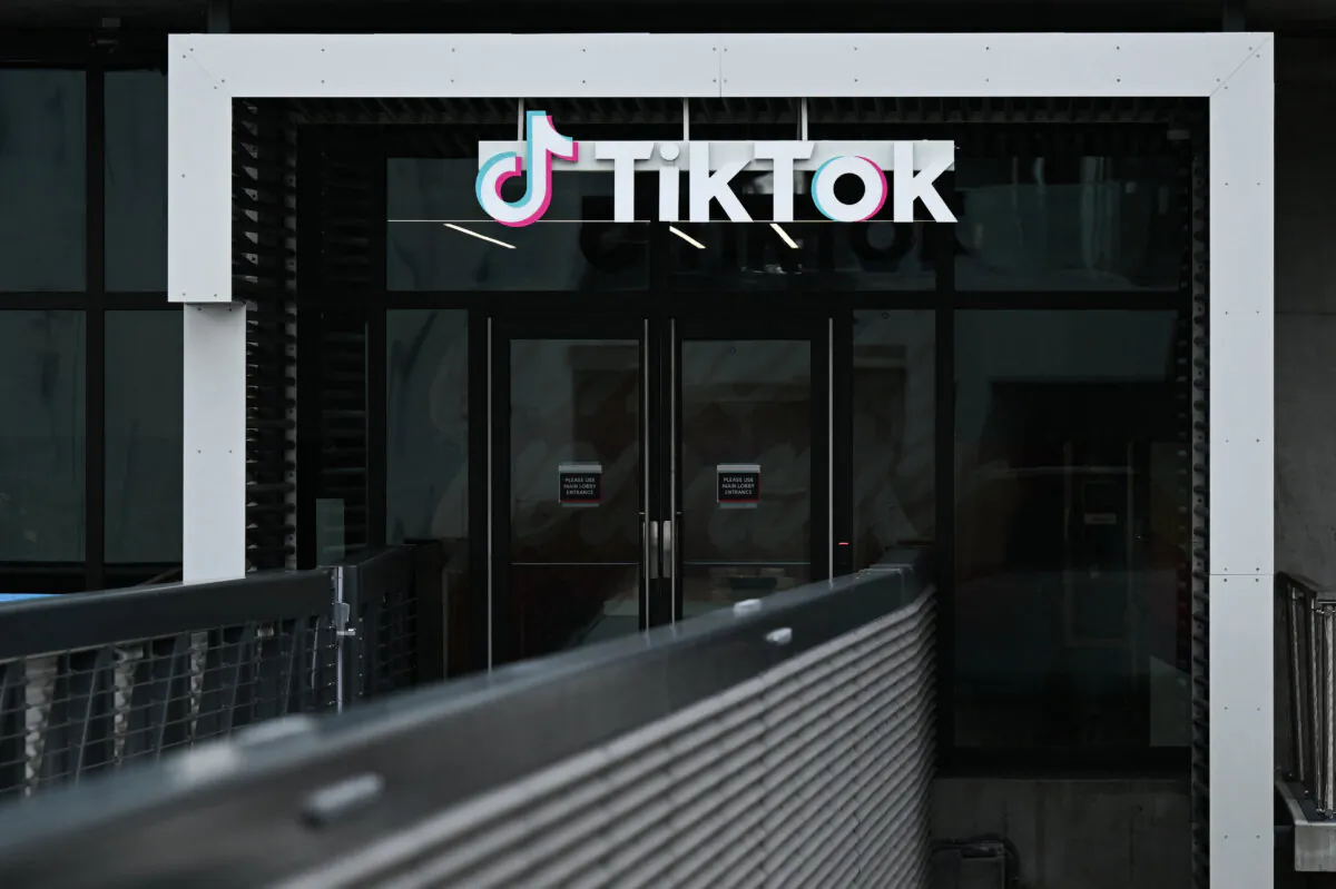 The TikTok logo is displayed outside TikTok social media app company offices in Culver City, Calif., on March 16, 2023. (Patrick T. Fallon/AFP via Getty Images)