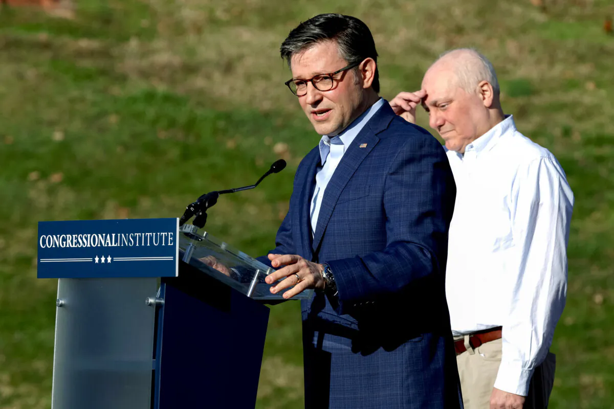 Speaker of the House Rep. Mike Johnson (R-La.) (L) speaks as House Majority Leader Rep. Steve Scalise (R-La.) (R) listens during a House GOP leadership news conference at the Greenbrier Hotel in White Sulphur Springs, W.Va., on March 14, 2024. (Alex Wong/Getty Images)