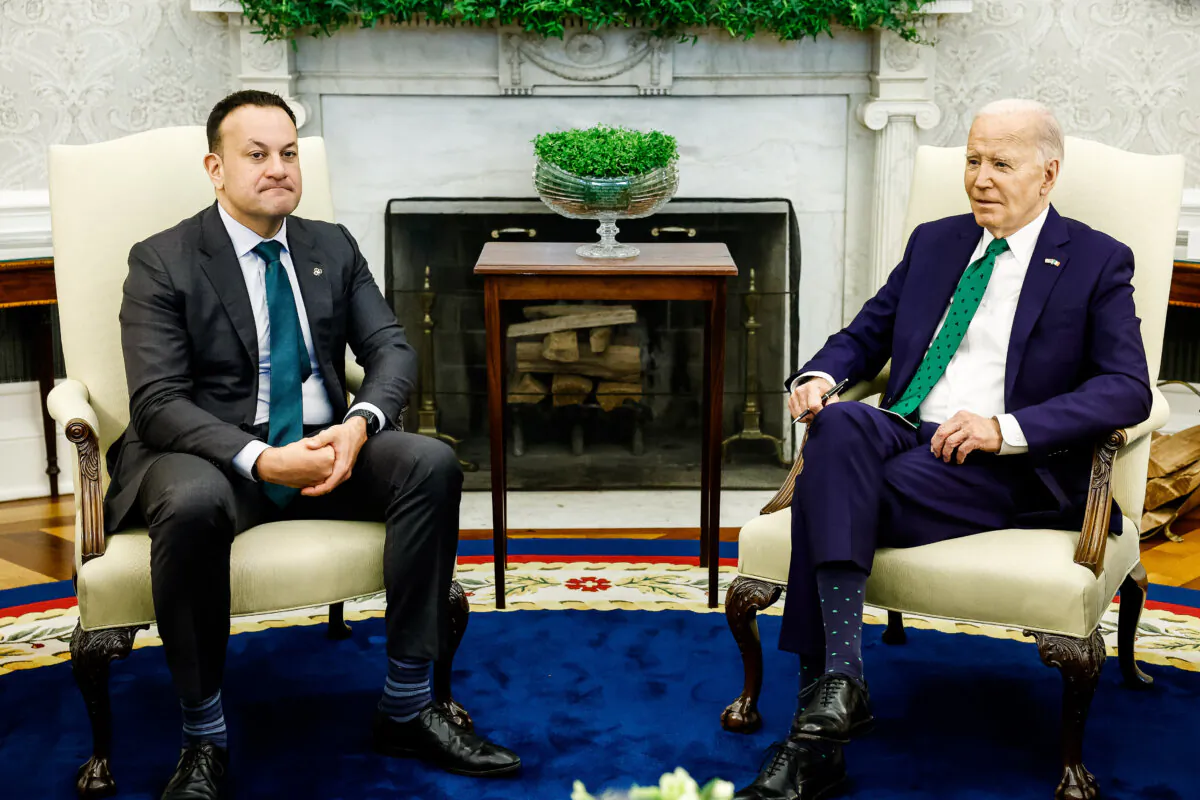 President Joe Biden and Irish Prime Minister Leo Varadkar speak to reporters in the Oval Office of the White House in Washington on March 15, 2024. (Anna Moneymaker/Getty Images)