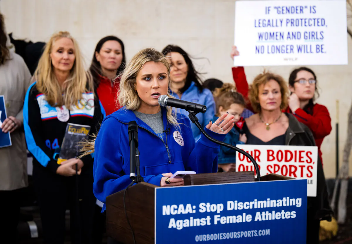 Former University of Kentucky swimmer Riley Gaines speaks at a rally outside of the NCAA Convention in San Antonio on Jan. 12, 2023. (Darren Abate/AP Photo)