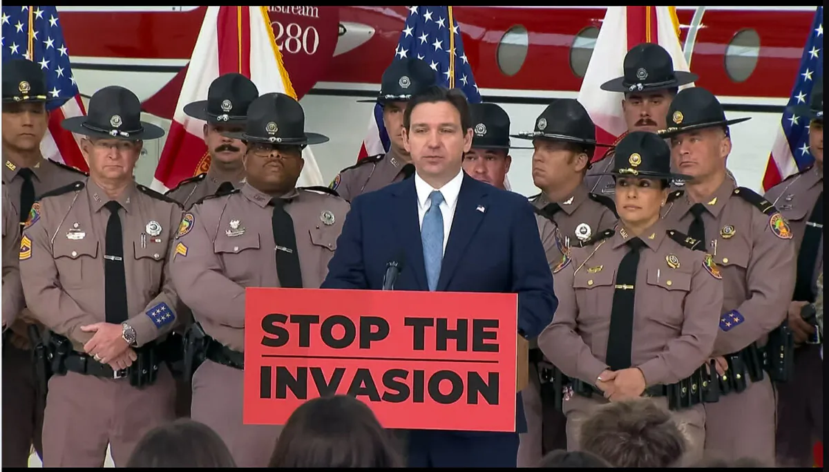 Gov. Ron DeSantis announces deployment of National Guard, State Guard, and other law enforcement officers to the Texas border at a press conference in Jacksonville, Fla. on Feb. 1, 2024 (Courtesy of The Florida Channel).
