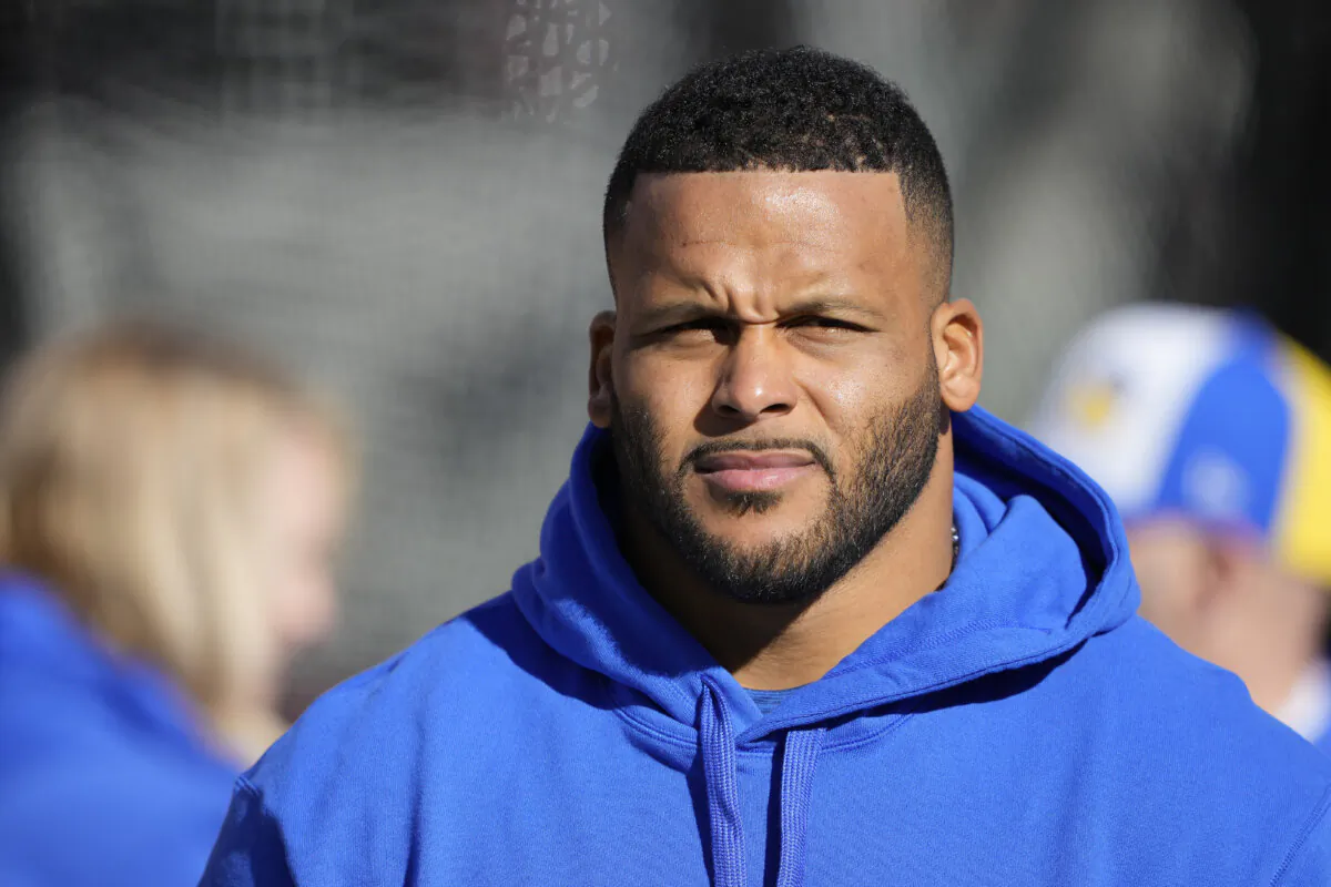 Aaron Donald (99) of the Los Angeles Rams looks on during a game against the San Francisco 49ers at Levi's Stadium in Santa Clara, Calif.,  on Jan. 7, 2024. (Thearon W. Henderson/Getty Images)