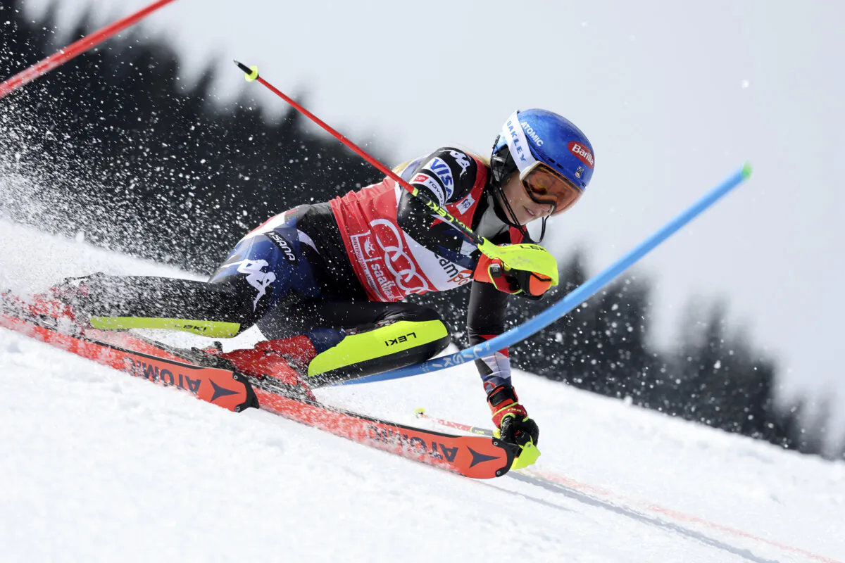 United States' Mikaela Shiffrin competes during the first run of an alpine ski, women's World Cup slalom race, in Saalbach, Austria, on March 16, 2024. (Marco Trovati/AP Photo)